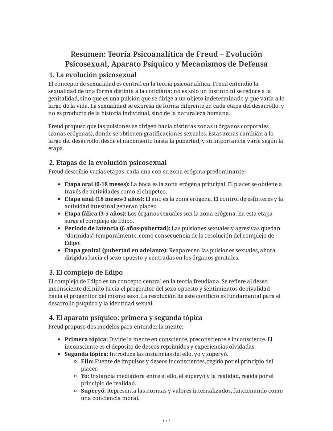 Resumen: Teoría Psicoanalítica de Freud - Evolución
Psicosexual, Aparato Psíquico y Mecanismos de Defensa
1. La evolución psicosexual
El con