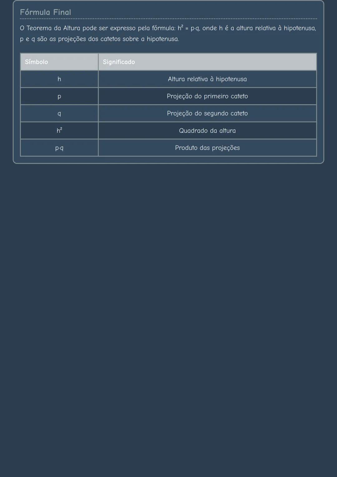 # Teorema da Altura em Triângulos Retângulos

Introdução ao Teorema da Altura

O Teorema da Altura é uma importante relação geométrica em tr