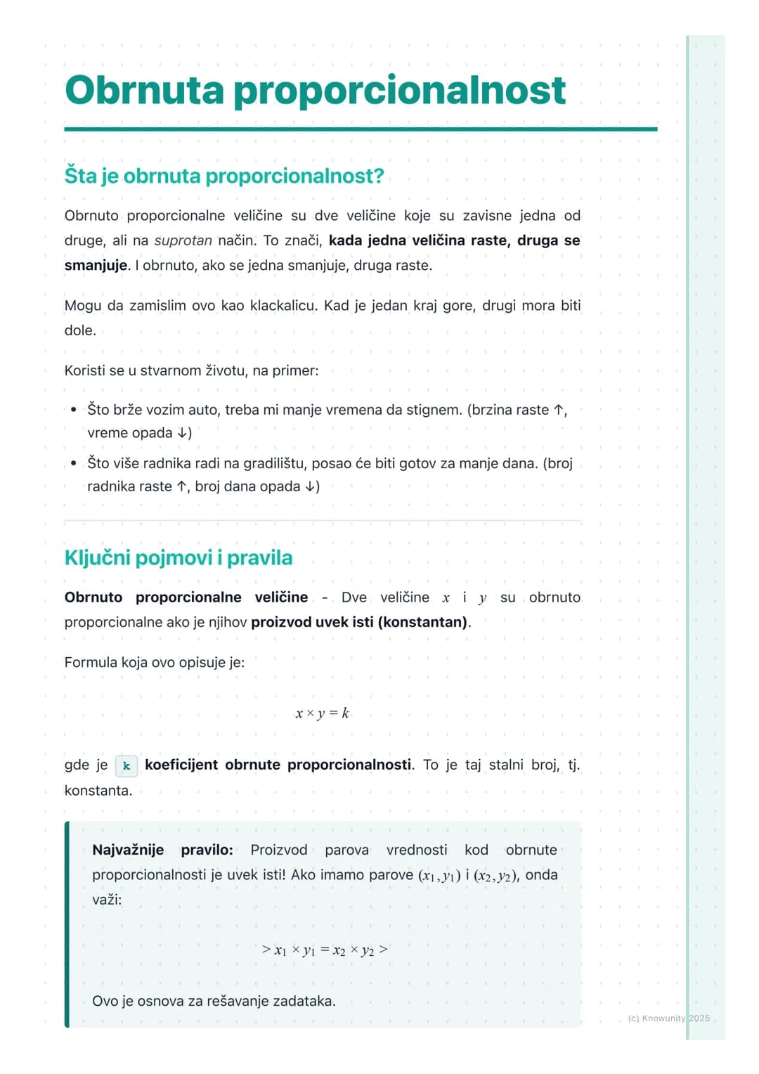 # Obrnuta proporcionalnost

Šta je obrnuta proporcionalnost?

Obrnuto proporcionalne veličine su dve veličine koje su zavisne jedna od
druge