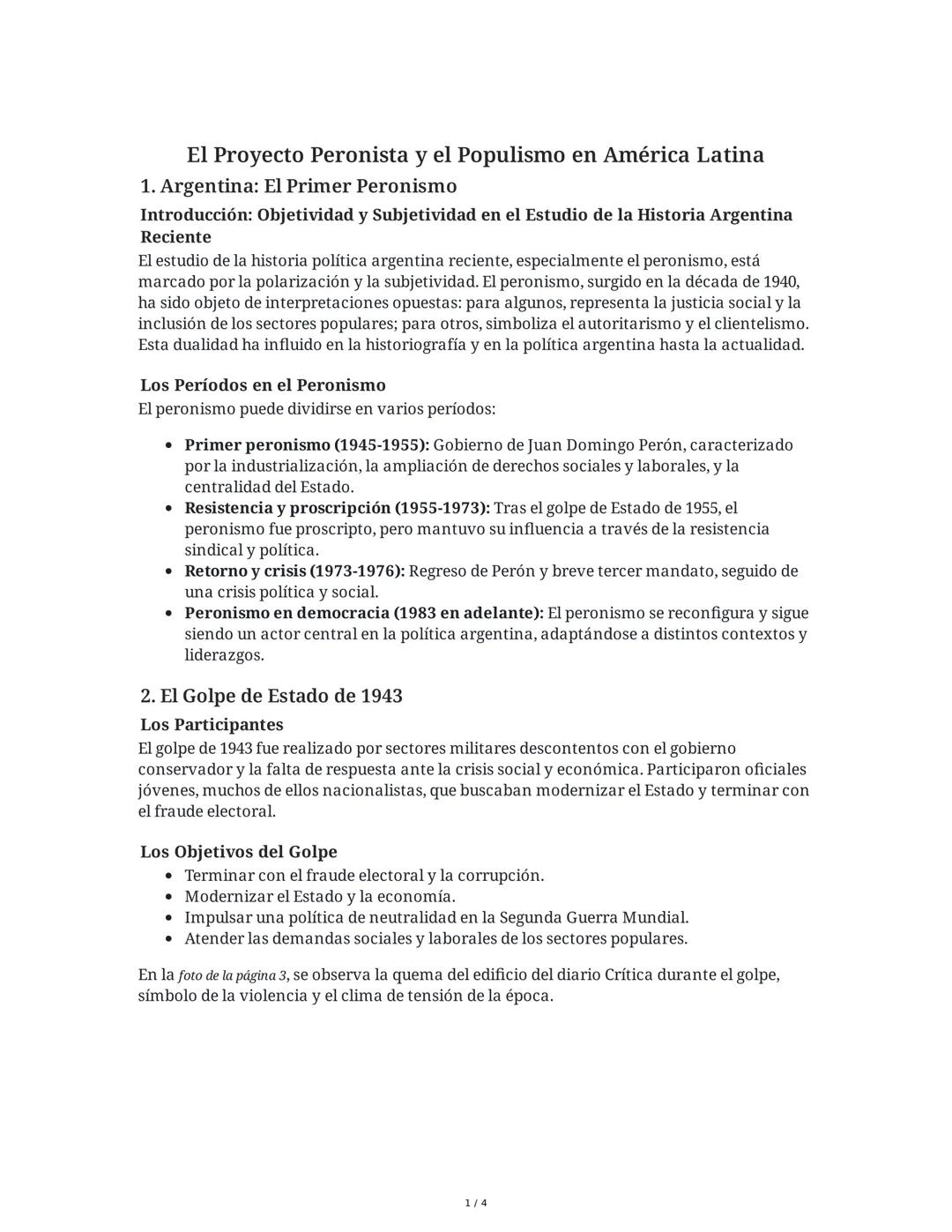 El Proyecto Peronista y el Populismo en América Latina
1. Argentina: El Primer Peronismo
Introducción: Objetividad y Subjetividad en el Estu