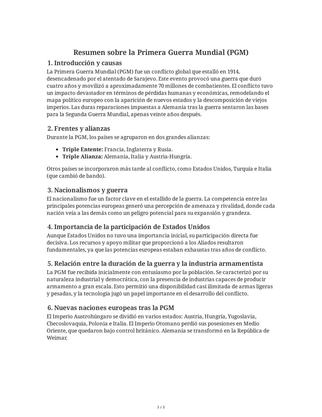Resumen sobre la Primera Guerra Mundial (PGM)
1. Introducción y causas
La Primera Guerra Mundial (PGM) fue un conflicto global que estalló e