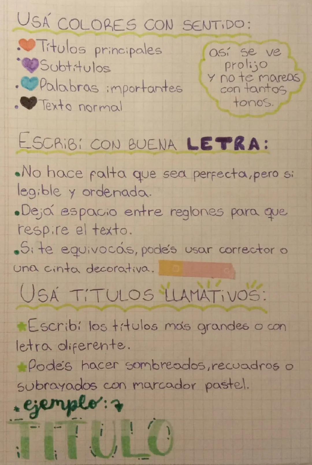 # COMO HACER

# LINDOS

TUS

# Apuntes

De Milena para ustedes :) USÁ COLORES CON SENTIDO:
* Títulos principales
* Subtitulos
* Palabras imp