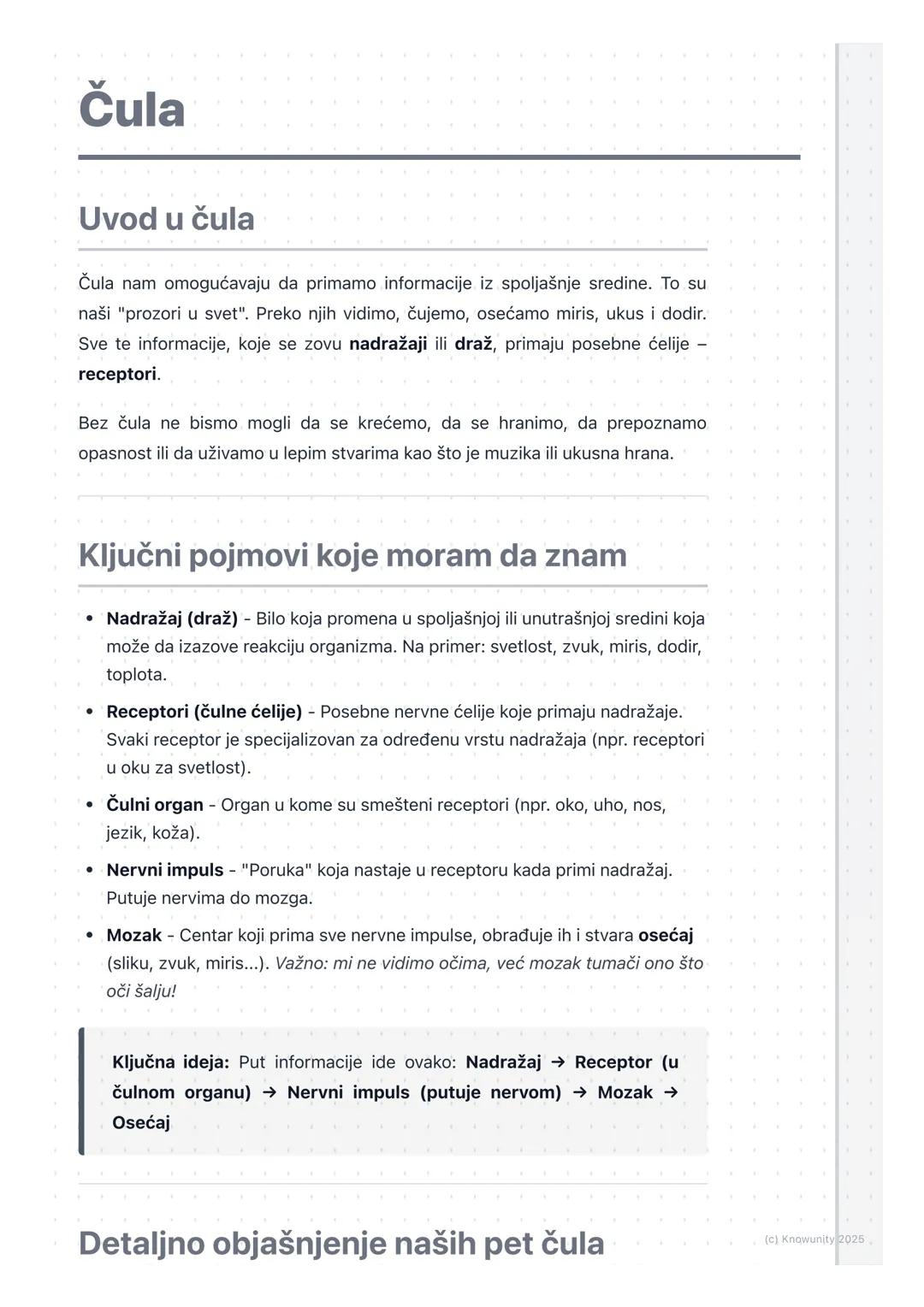 # Čula

Uvod u čula

Čula nam omogućavaju da primamo informacije iz spoljašnje sredine. To su
naši "prozori u svet". Preko njih vidimo, čuje