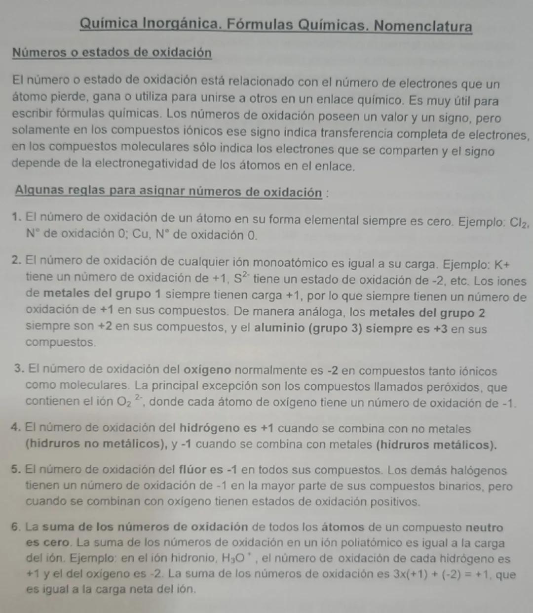 Química Inorgánica. Fórmulas Químicas. Nomenclatura
Números o estados de oxidación
El número o estado de oxidación está relacionado con el n