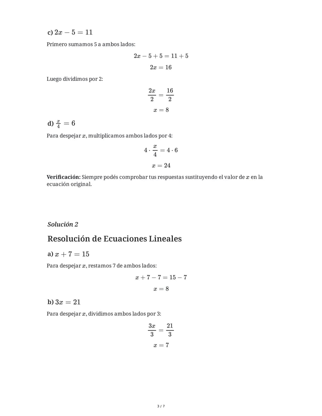 29 May 2025
Resolución de Ecuaciones Algebraicas
Tarea 1
Resuelve las siguientes ecuaciones lineales simples:
a) x + 7 = 15
b) 3x = 21
c) 2x
