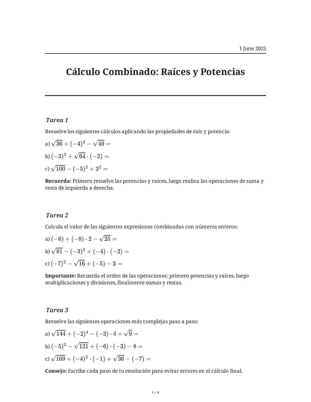 Cálculo Combinado: Raíces y Potencias