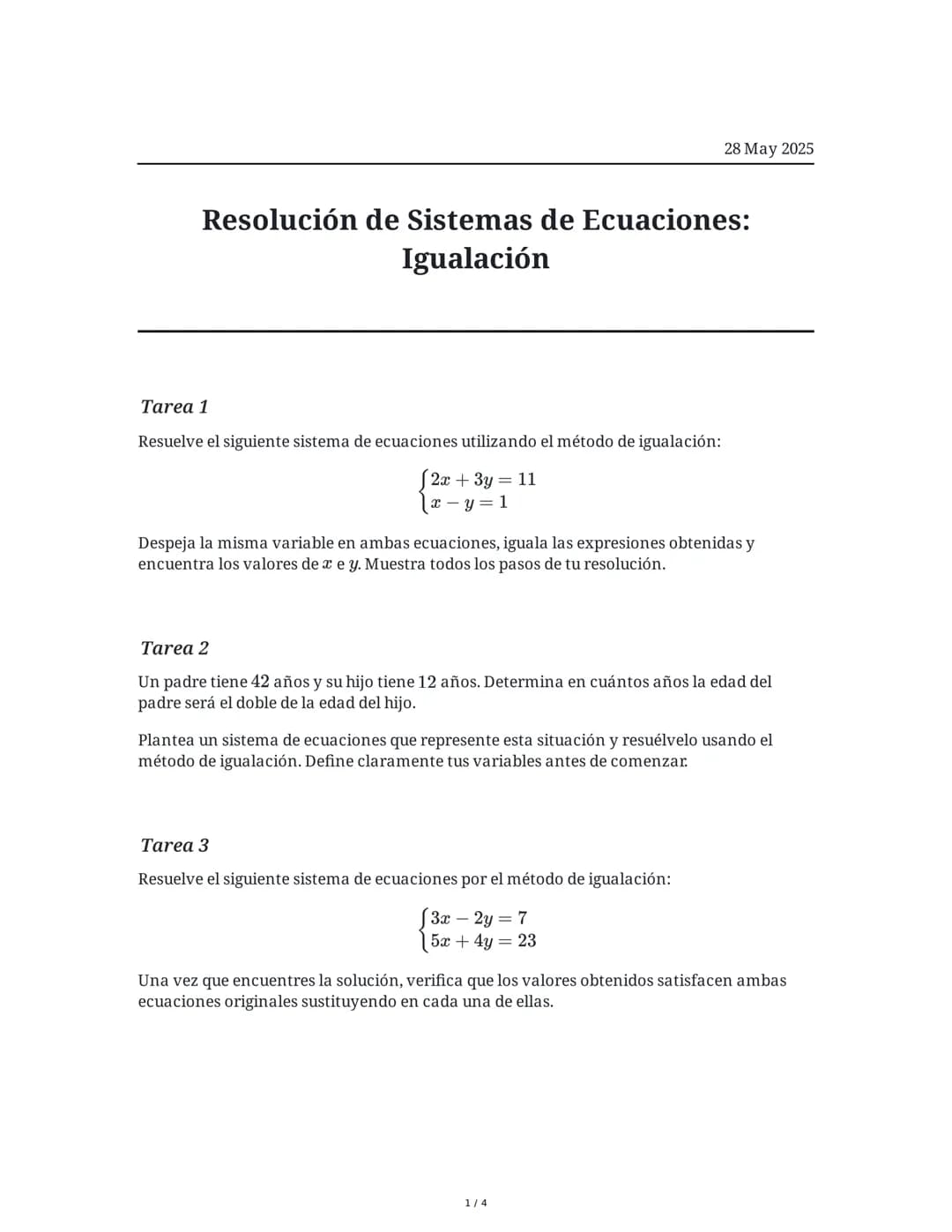 Resolución de Sistemas de Ecuaciones: Igualación