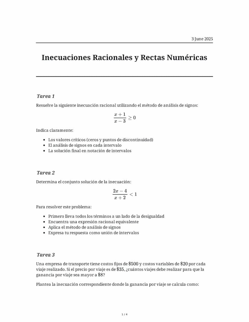 # Inecuaciones Racionales y Rectas Numéricas

3 June 2025

## Tarea 1

Resuelve la siguiente inecuación racional utilizando el método de aná