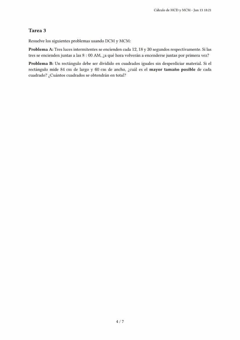 Cálculo de MCD y MCM
Generado por Francina Torres - Jun 13 18:21
Descripción: Este examen evalúa el cálculo del máximo común divisor (MCD) y