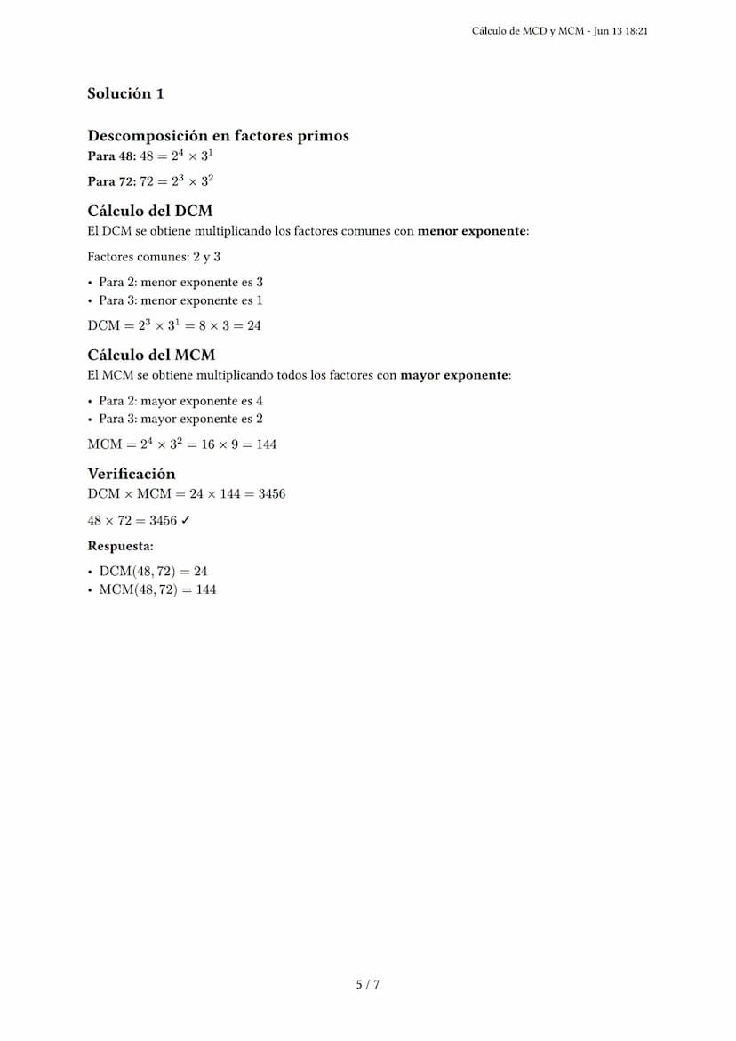 Cálculo de MCD y MCM
Generado por Francina Torres - Jun 13 18:21
Descripción: Este examen evalúa el cálculo del máximo común divisor (MCD) y