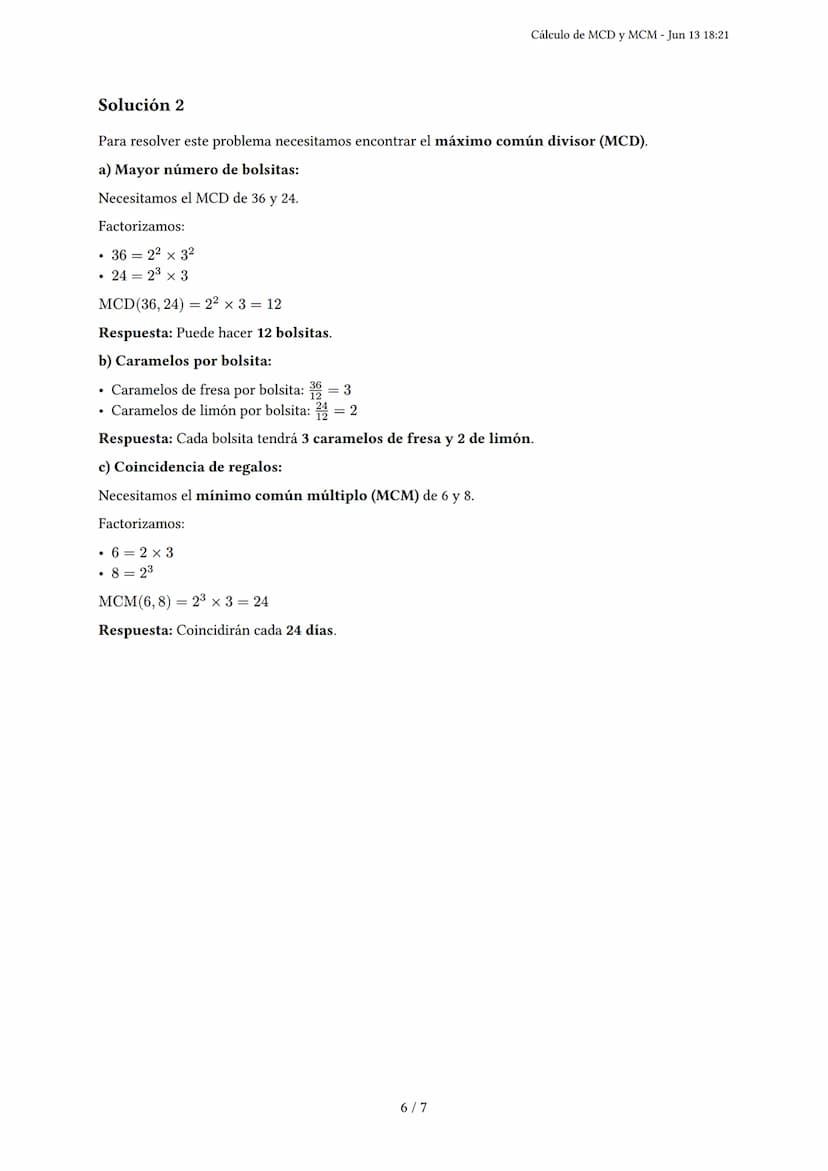 Cálculo de MCD y MCM
Generado por Francina Torres - Jun 13 18:21
Descripción: Este examen evalúa el cálculo del máximo común divisor (MCD) y