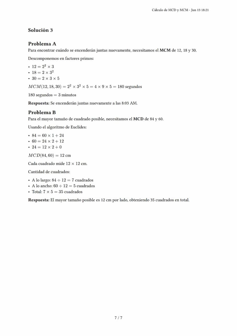 Cálculo de MCD y MCM
Generado por Francina Torres - Jun 13 18:21
Descripción: Este examen evalúa el cálculo del máximo común divisor (MCD) y