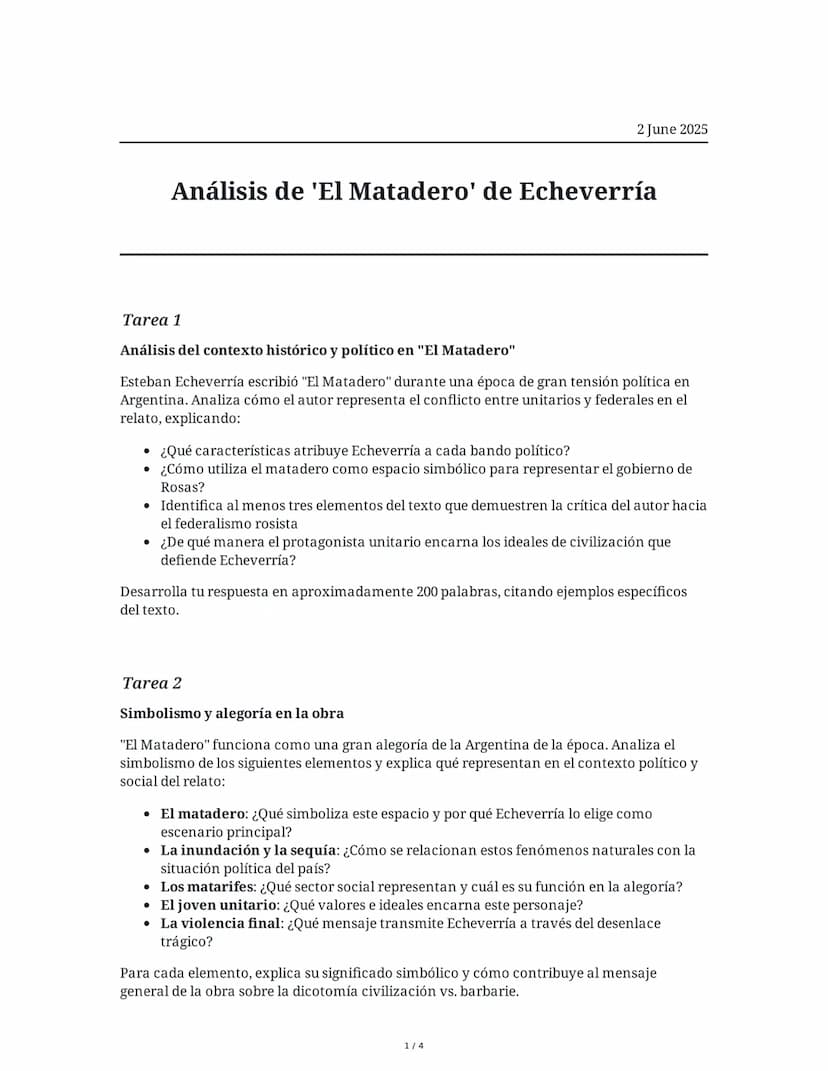 # Análisis de 'El Matadero' de Echeverría

2 June 2025

## Tarea 1

**Análisis del contexto histórico y político en "El Matadero"

Esteban E