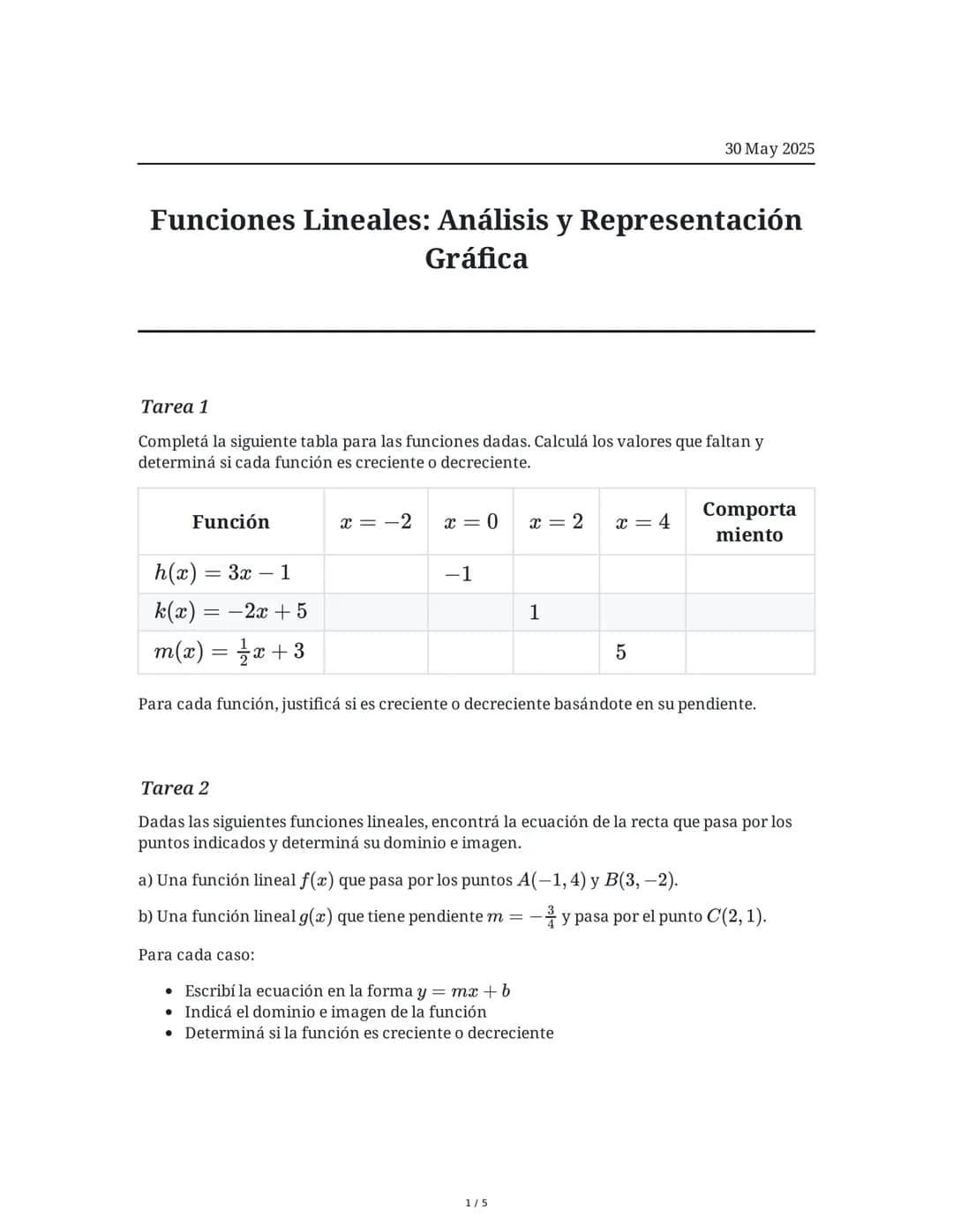 30 May 2025
Funciones Lineales: Análisis y Representación
Gráfica
Tarea 1
Completá la siguiente tabla para las funciones dadas. Calculá los 