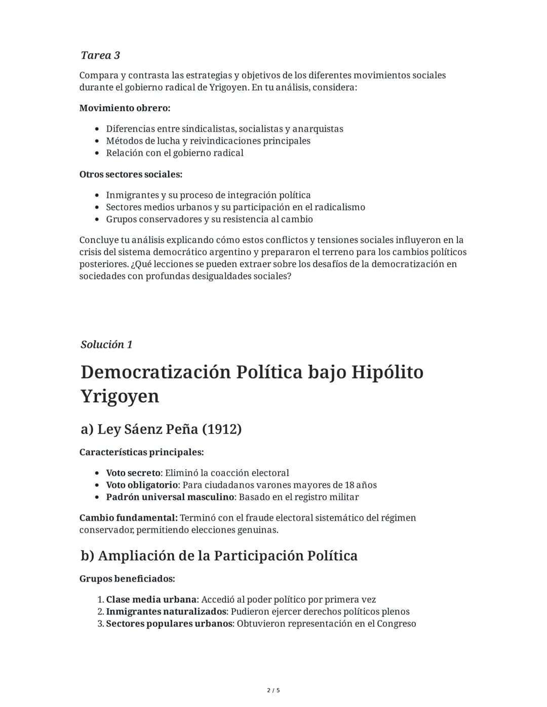 2 June 2025
Democratización, Yrigoyen y Movimiento
Obrero Argentino
Tarea 1
Analiza el proceso de democratización política en Argentina dura