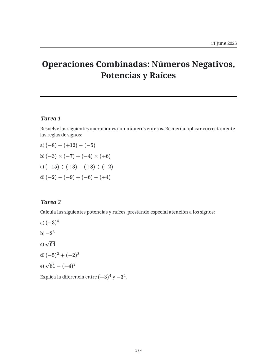 Operaciones Combinadas: Números Negativos, Potencias y Raíces