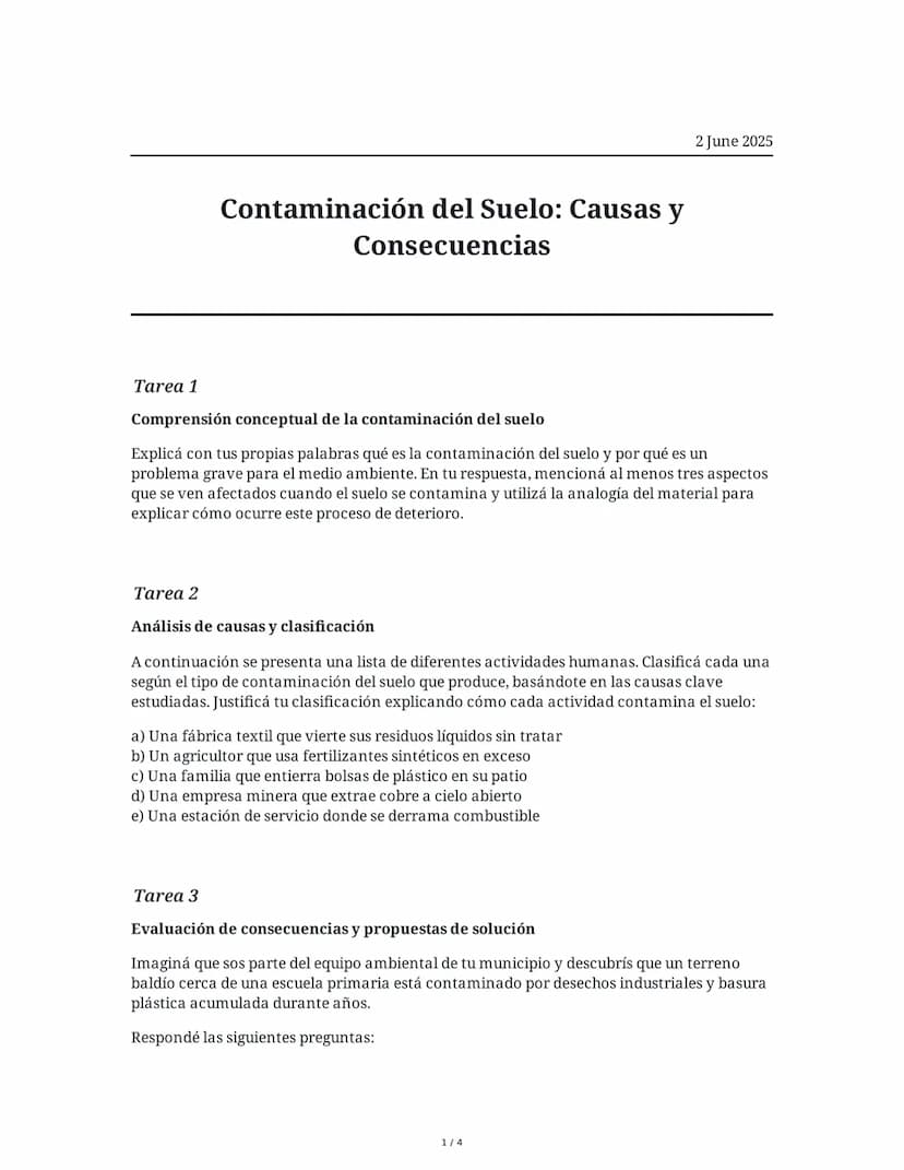 ## Contaminación del Suelo: Causas y
Consecuencias

2 June 2025

### Tarea 1

**Comprensión conceptual de la contaminación del suelo**

Expl