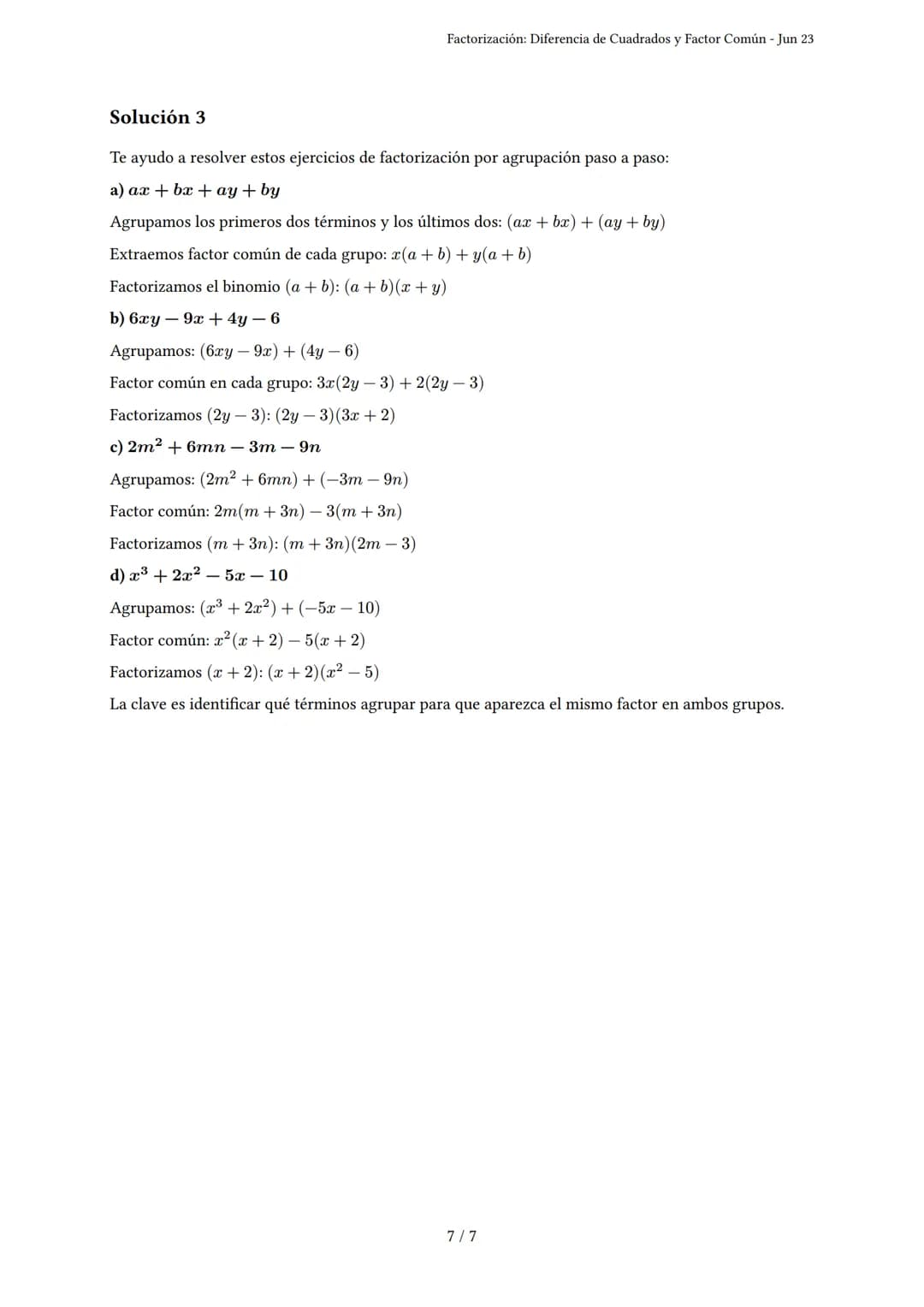 Factorización: Diferencia de Cuadrados y Factor Común
Generado por Ailin Ricon - Jun 23
Descripción: Este examen evalúa la habilidad para fa