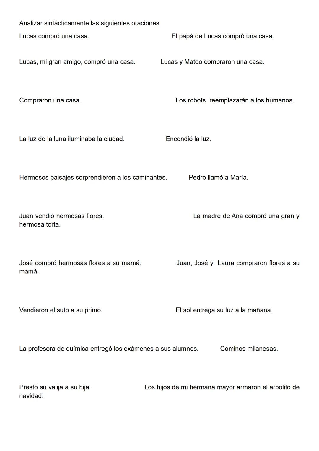 Analizar sintácticamente las siguientes oraciones.
Lucas compró una casa.
El papá de Lucas compró una casa.
Lucas, mi gran amigo, compró una