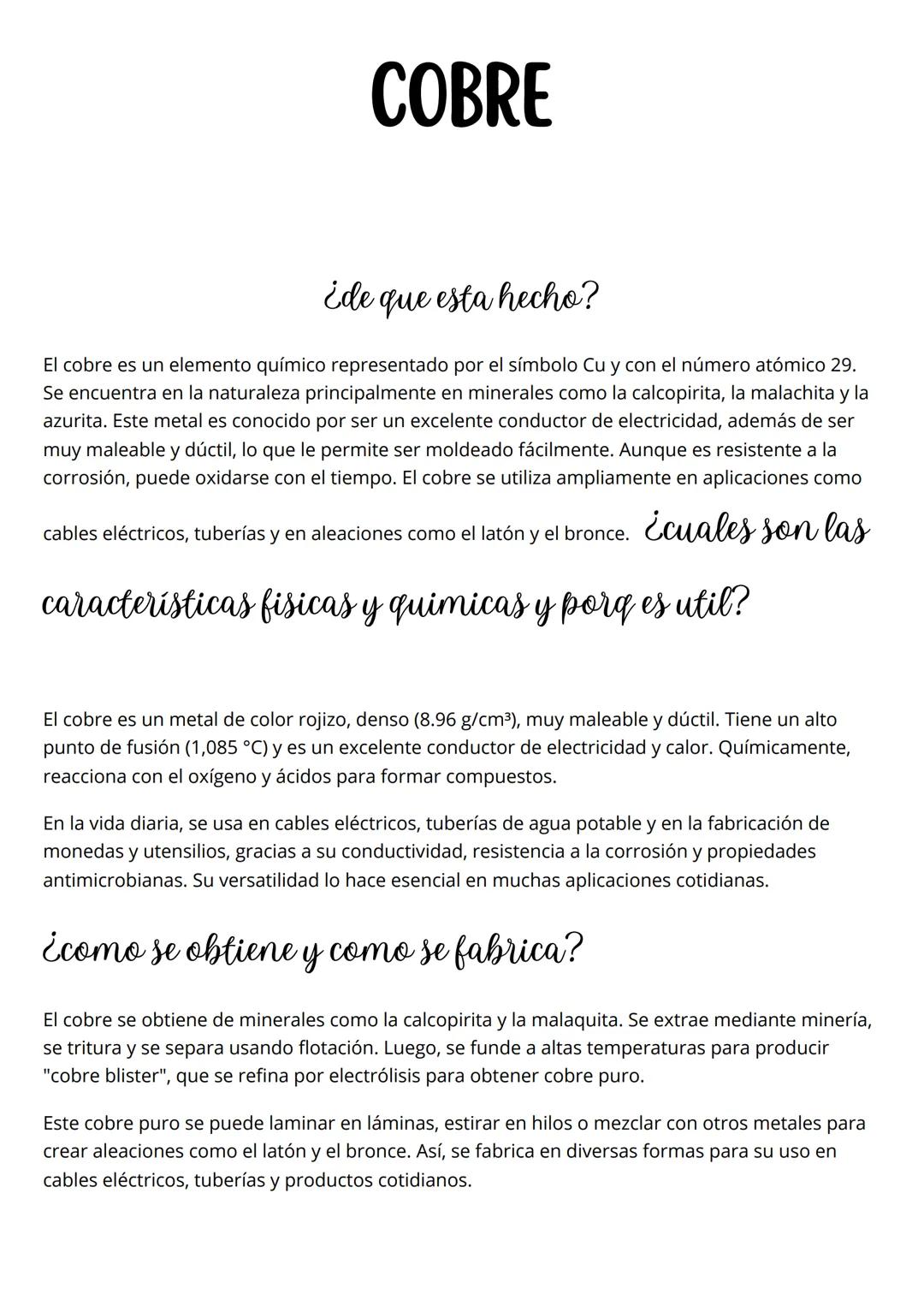 # COBRE
¿de que esta hecho?
El cobre es un elemento químico representado por el símbolo Cu y con el número atómico 29.
Se encuentra en la