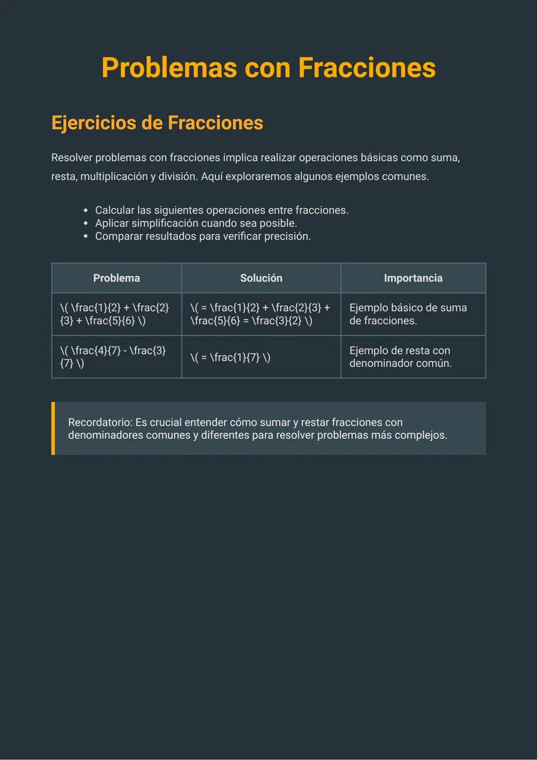 Problemas con Fracciones
Ejercicios de Fracciones
Resolver problemas con fracciones implica realizar operaciones básicas como suma,
resta, m