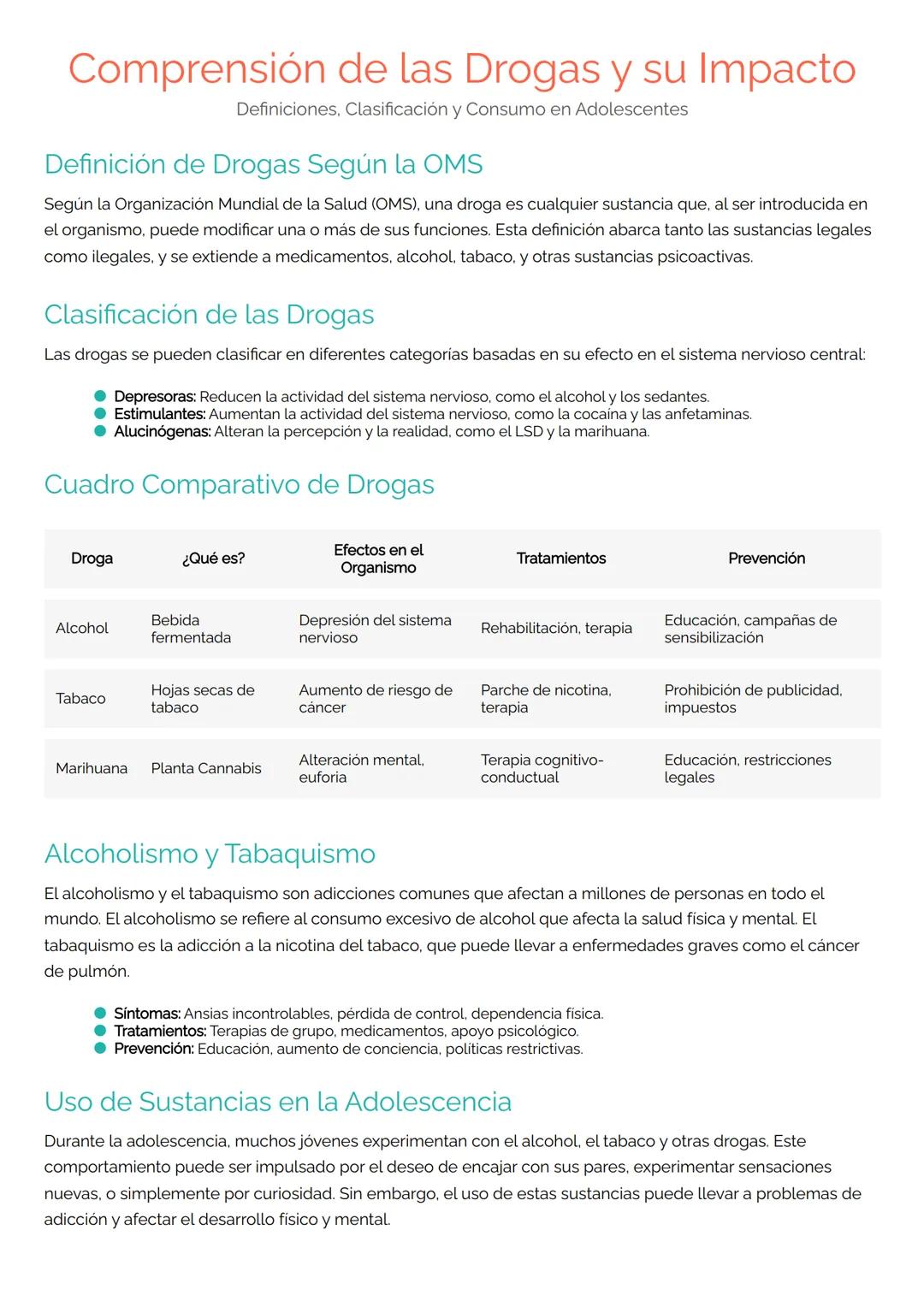 # Comprensión de las Drogas y su Impacto
Definiciones. Clasificación y Consumo en Adolescentes
## Definición de Drogas Según la OMS
Según