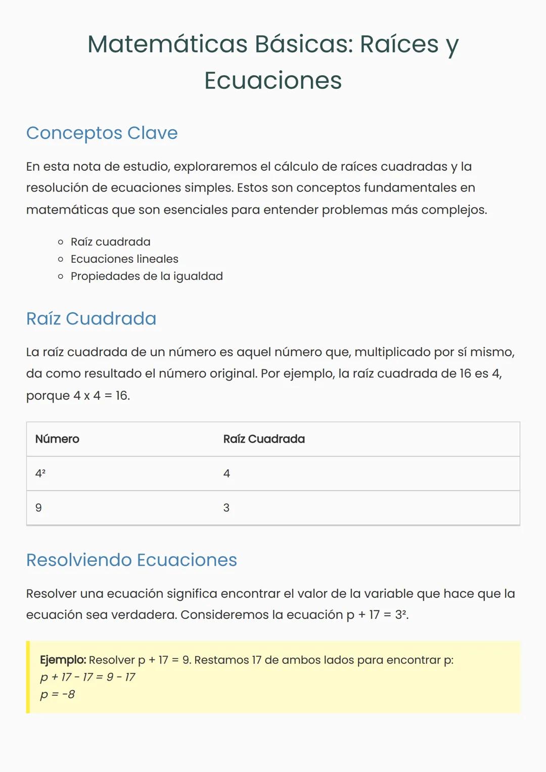 # Matemáticas Básicas: Raíces y
Ecuaciones
## Conceptos Clave
En esta nota de estudio, exploraremos el cálculo de raíces cuadradas y la
re