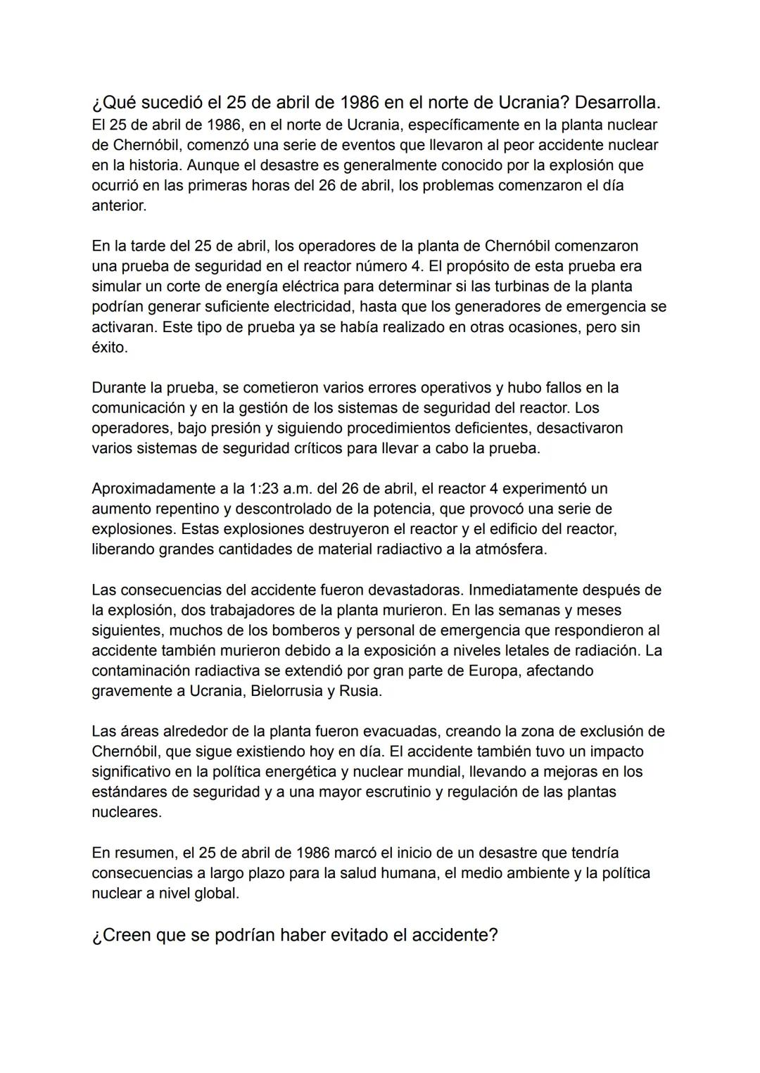 ¿Qué sucedió el 25 de abril de 1986 en el norte de Ucrania? Desarrolla.
El 25 de abril de 1986, en el norte de Ucrania, específicamente en