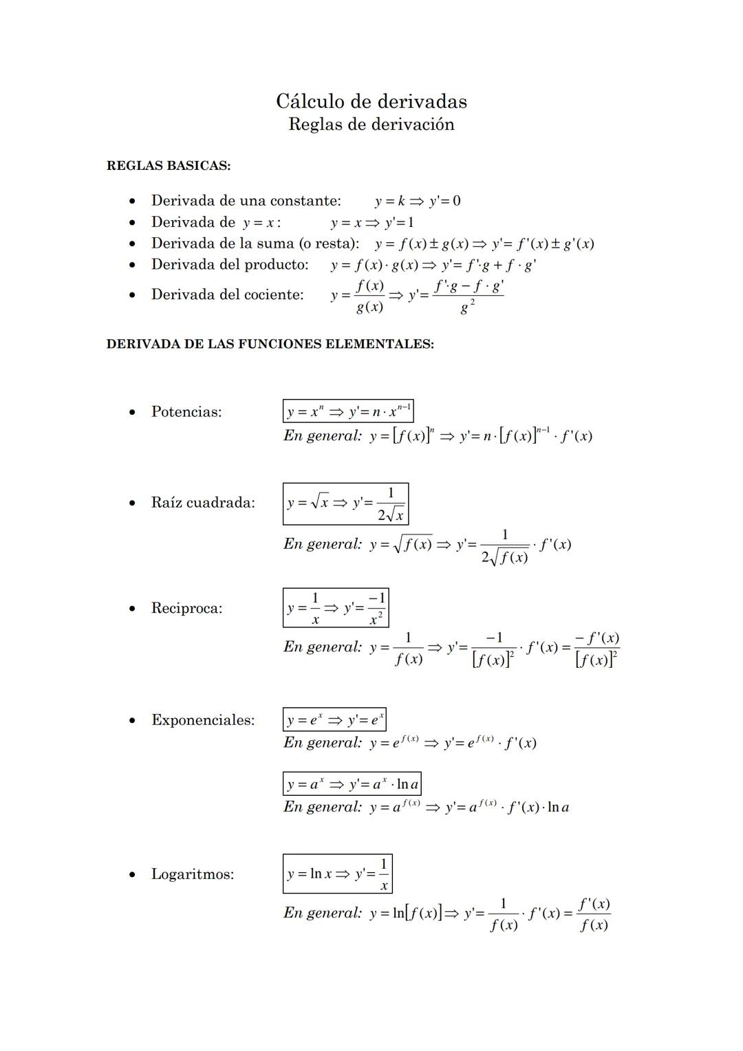- Funciones trigonométricas:
$y = sen x \implies y' = cos x$
$y = sen \ f(x) \implies y' = cos \ f(x) \cdot f'(x)$
$y = cos x \implies y'