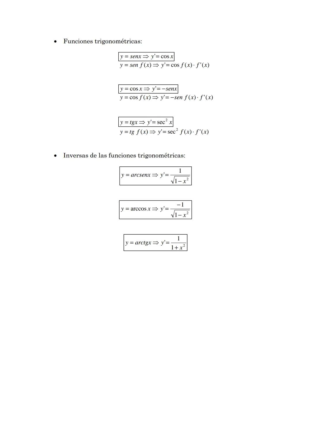 - Funciones trigonométricas:
$y = sen x \implies y' = cos x$
$y = sen \ f(x) \implies y' = cos \ f(x) \cdot f'(x)$
$y = cos x \implies y'
