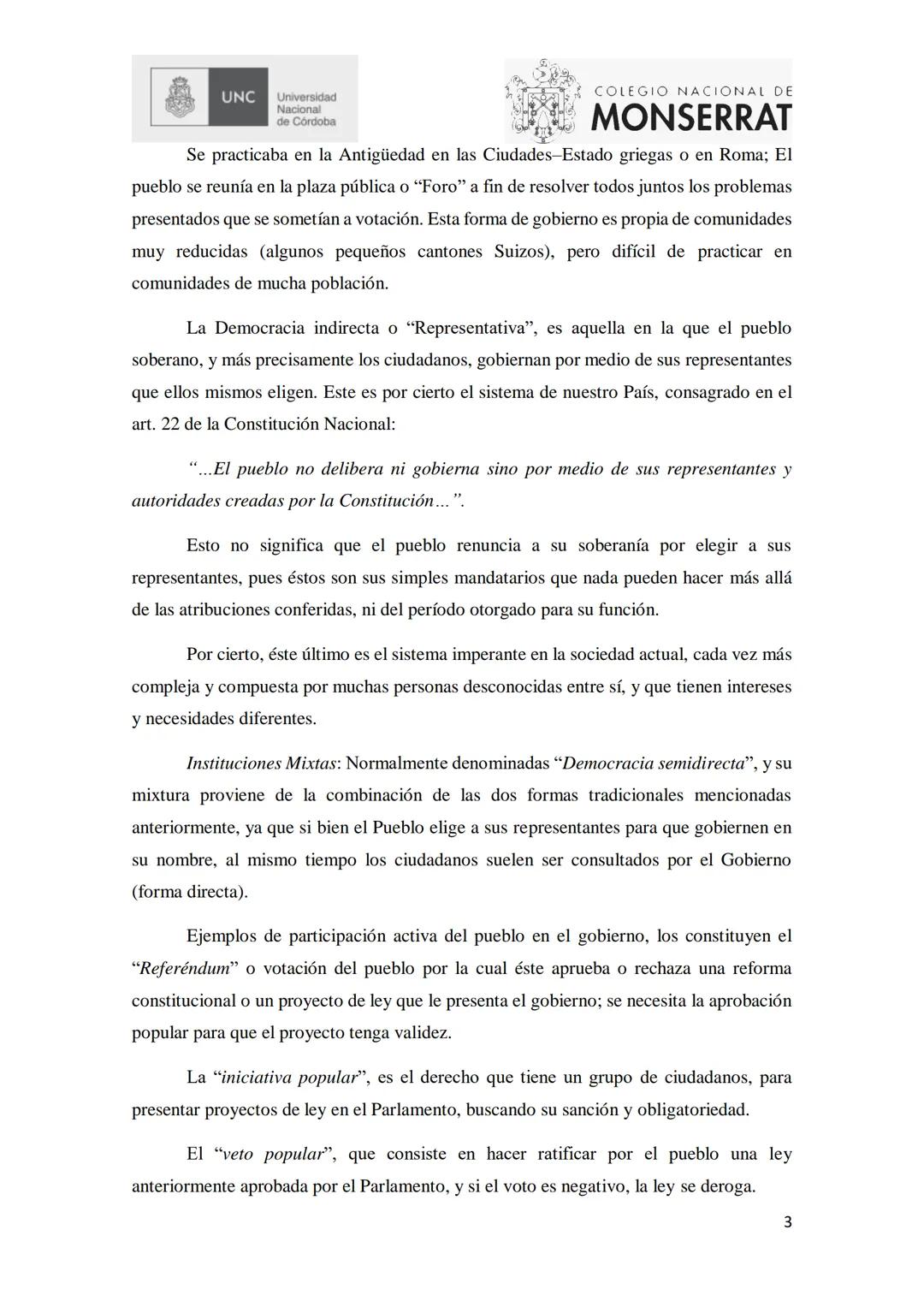 UNC Universidad
Nacional
de Córdoba
COLEGIO NACIONAL DE
MONSERRAT
TEMA 1
I. DEMOCRACIA: Concepto. Formas. Instituciones mixtas. Ciudadaní