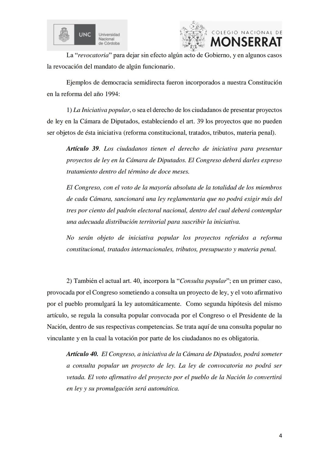 UNC Universidad
Nacional
de Córdoba
COLEGIO NACIONAL DE
MONSERRAT
TEMA 1
I. DEMOCRACIA: Concepto. Formas. Instituciones mixtas. Ciudadaní
