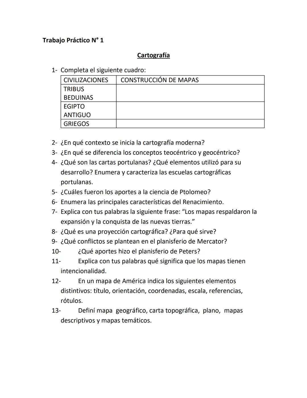 --- OCR Start ---
Trabajo Práctico N° 1
Cartografía
1- Completa el siguiente cuadro:
CIVILIZACIONES
CONSTRUCCIÓN DE MAPAS
TRIBUS
BEDUINAS
EG