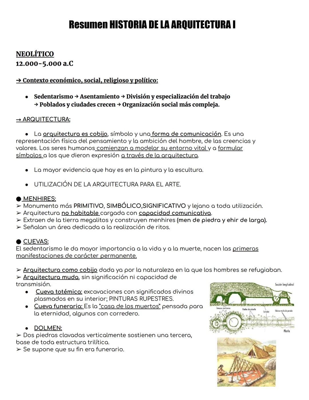 # Resumen HISTORIA DE LA ARQUITECTURA I
NEOLÍTICO
12.000-5.000 a.C
→ Contexto económico, social, religioso y político:
* Sedentarismo
