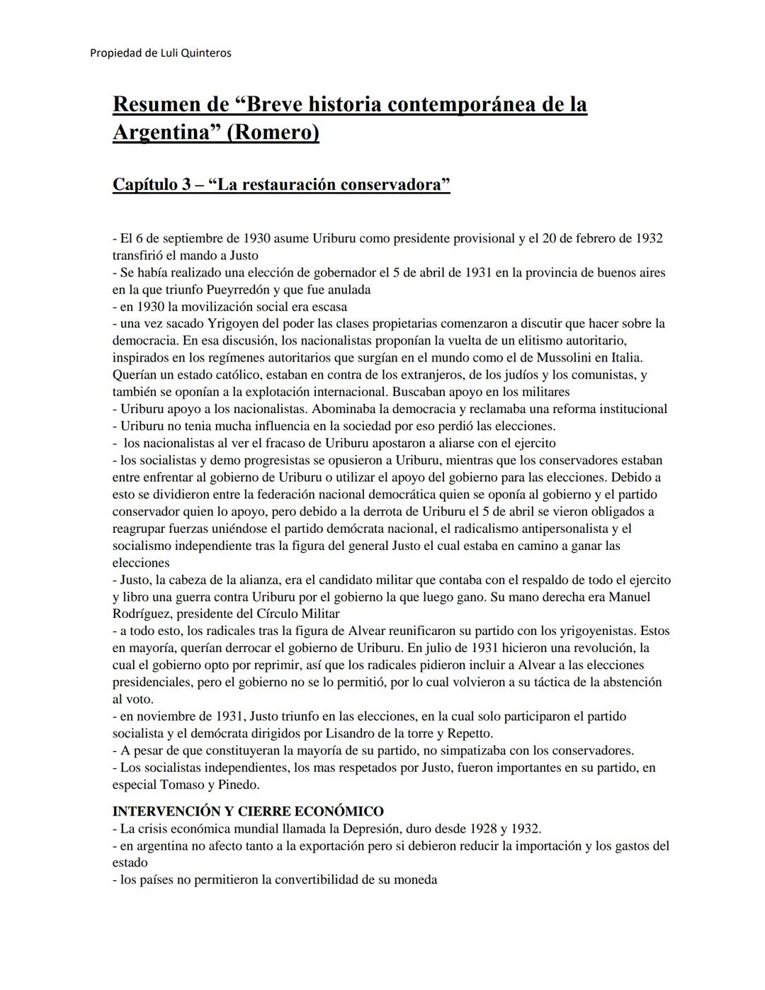 --- OCR Start ---
Propiedad de Luli Quinteros
Resumen de "Breve historia contemporánea de la
Argentina" (Romero)
Capítulo 3 - "La restauraci