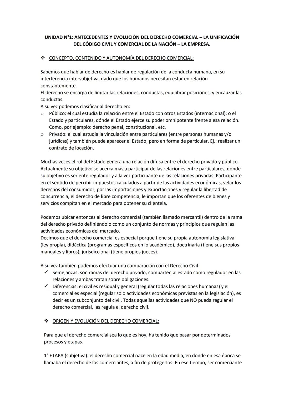 # UNIDAD N°1: ANTECEDENTES Y EVOLUCIÓN DEL DERECHO COMERCIAL - LA UNIFICACIÓN
DEL CÓDIGO CIVIL Y COMERCIAL DE LA NACIÓN - LA EMPRESA.
CONCE