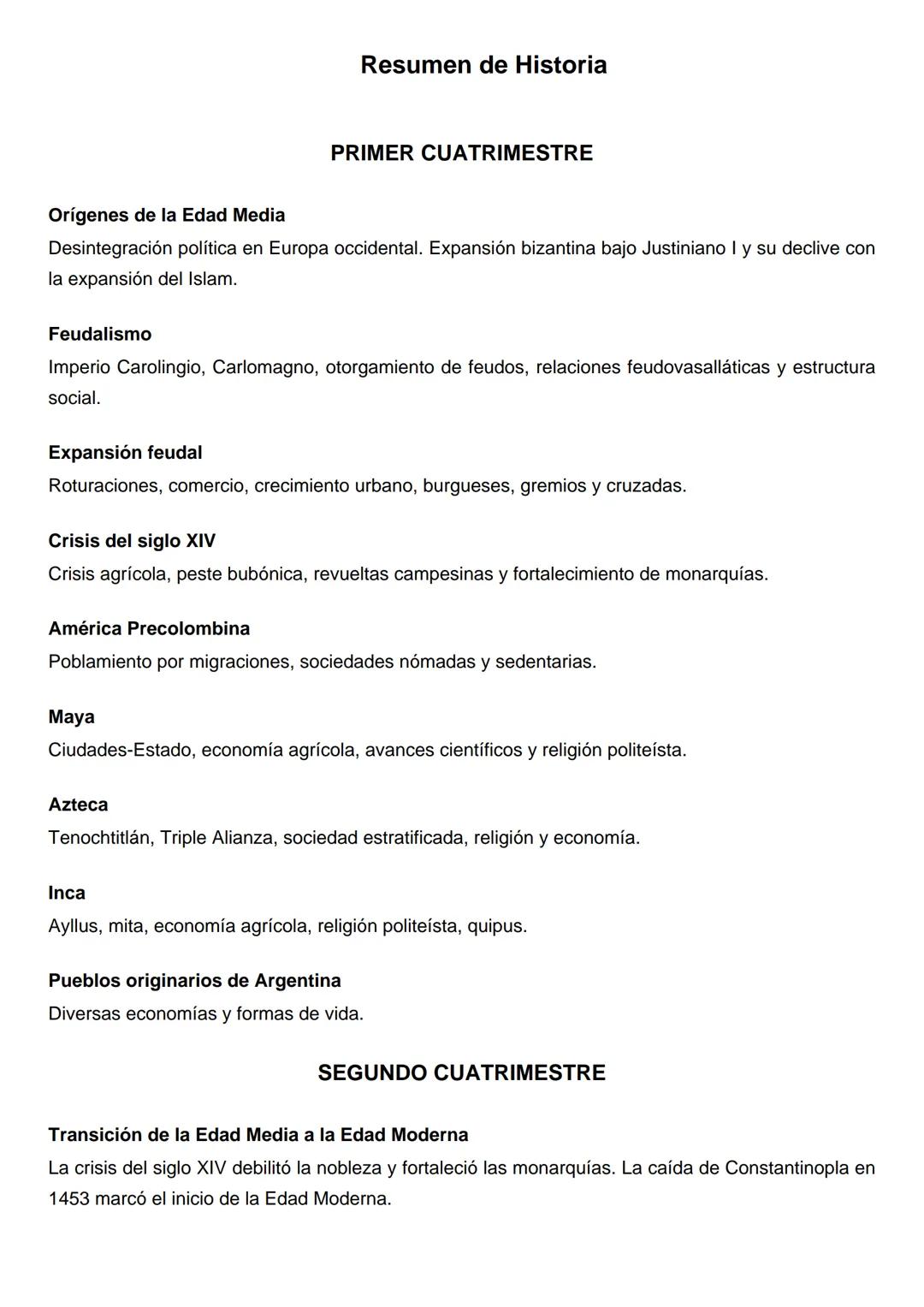 # Resumen de Historia
# PRIMER CUATRIMESTRE
**Orígenes de la Edad Media**
Desintegración política en Europa occidental. Expansión bizantin