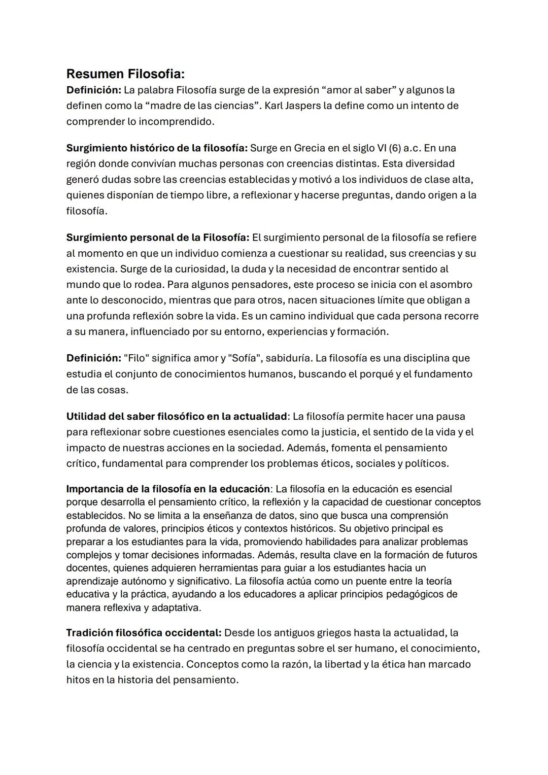 # Resumen Filosofia:
Definición: La palabra Filosofía surge de la expresión "amor al saber" y algunos la
definen como la "madre de las cienc
