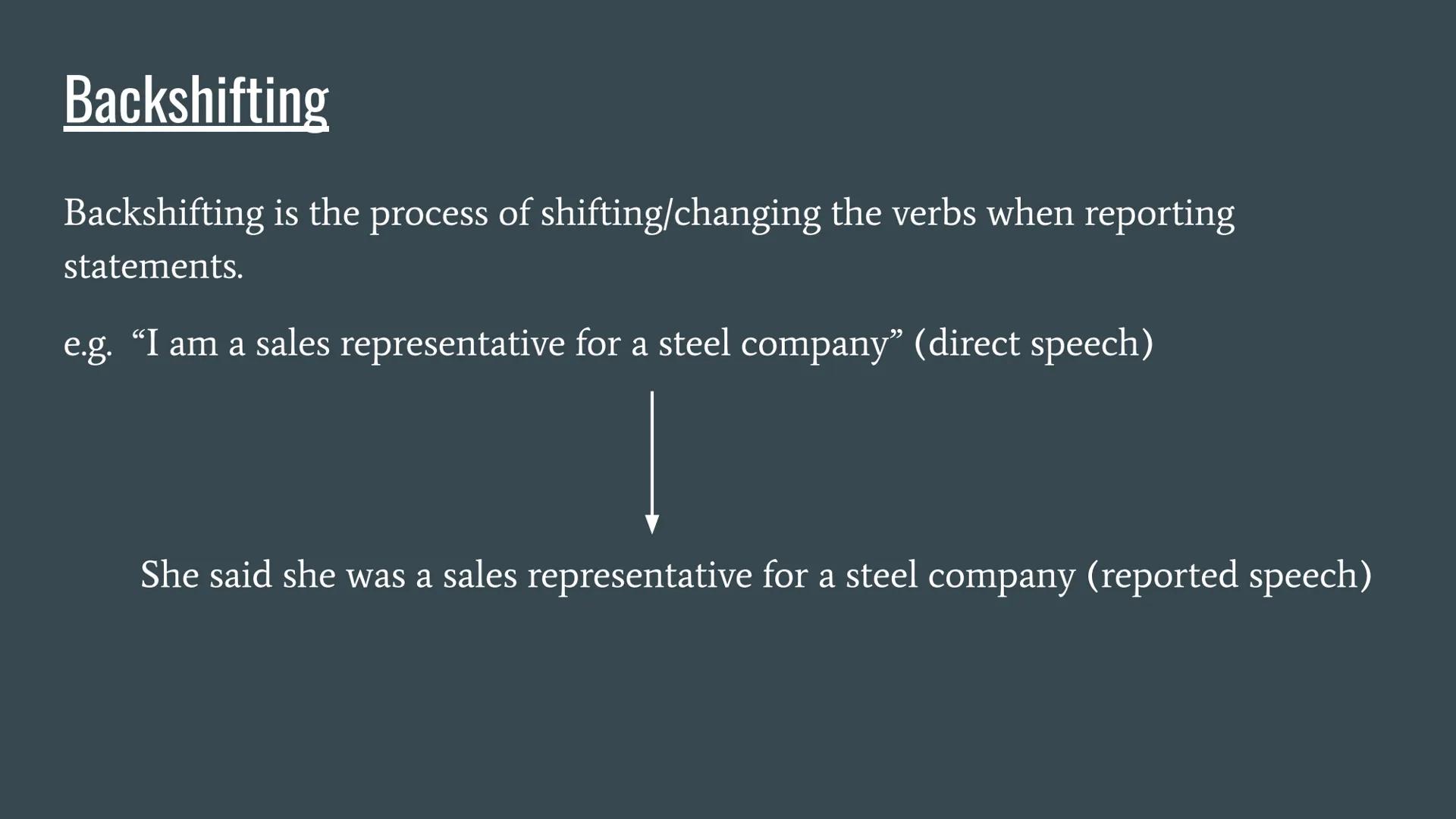 # REPORTED SPEECH
...
BACKSHIFTING, MODALS AND QUESTIONS So...what is Reported Speech?
• Reported Speech, also known as indirect speech,