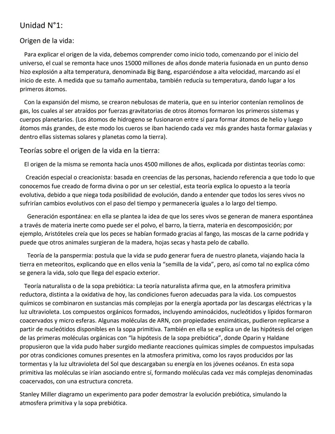 Unidad N°1:
Origen de la vida:
Para explicar el origen de la vida, debemos comprender como inicio todo, comenzando por el inicio del
unive