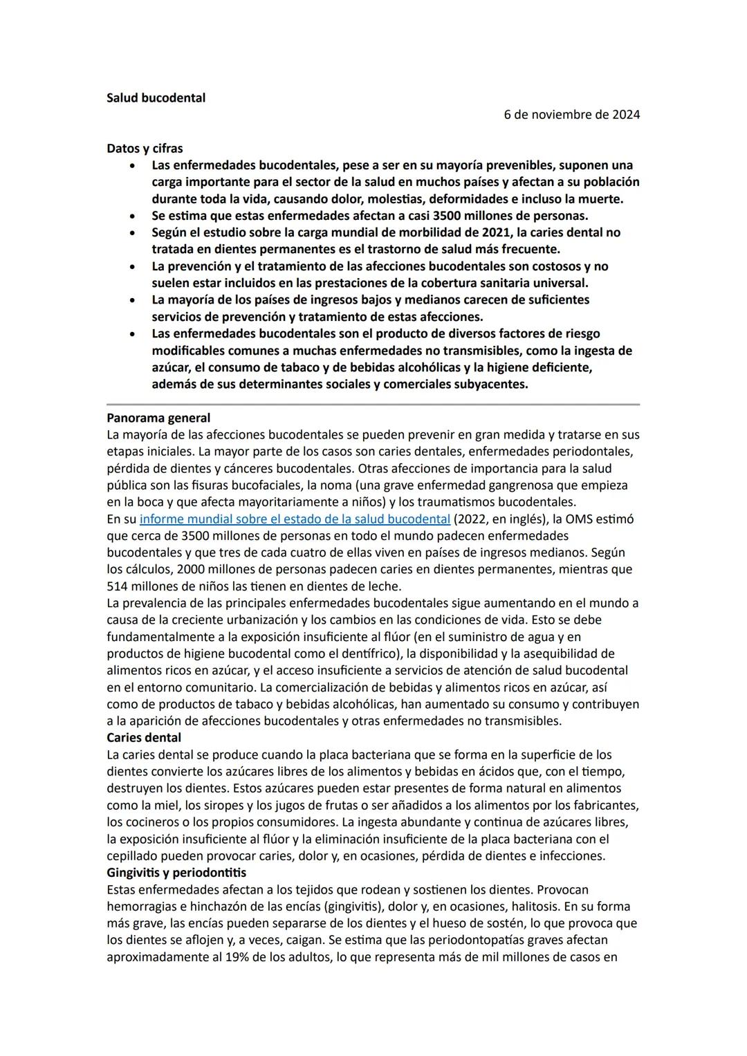 # Salud bucodental
6 de noviembre de 2024
Datos y cifras
* Las enfermedades bucodentales, pese a ser en su mayoría prevenibles, suponen
