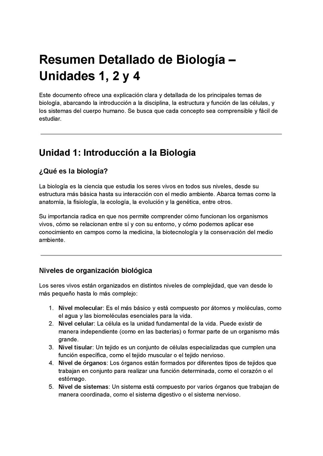 explicación de la introducción a la biología unidad 1, 2 célula y 4 sistemas del cuerpo humano resum