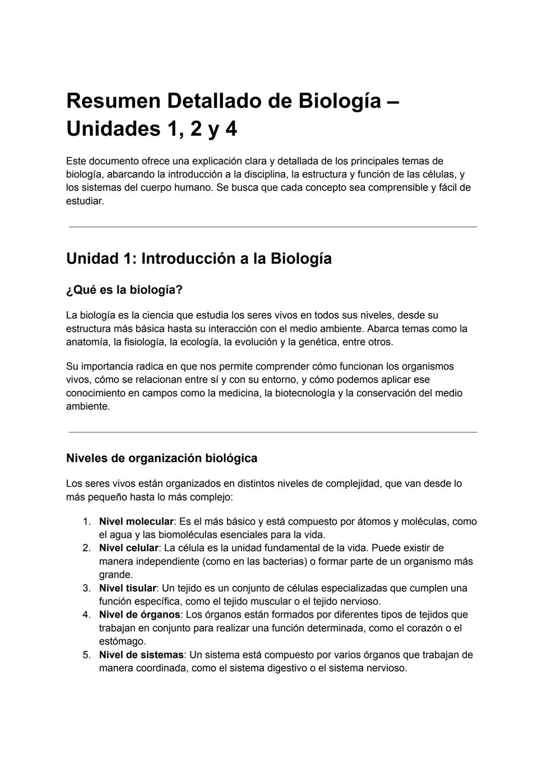 # Resumen Detallado de Biología –
Unidades 1, 2 y 4
Este documento ofrece una explicación clara y detallada de los principales temas de bio