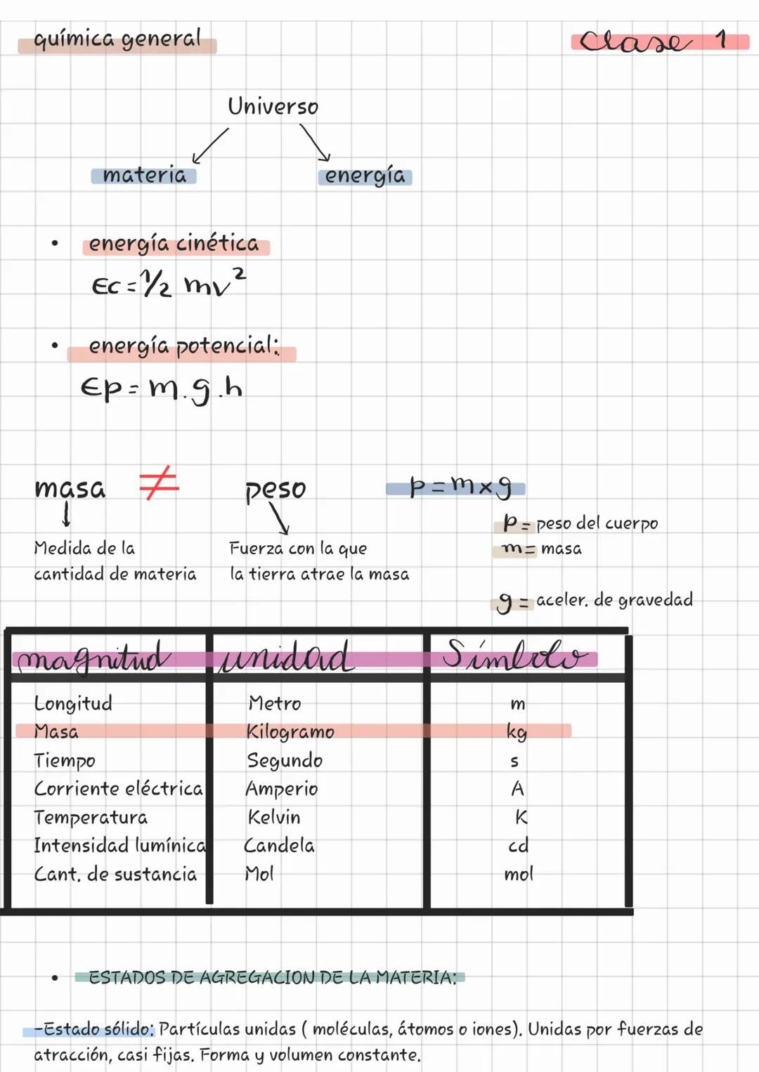 --- OCR Start ---
química general
Universo
materia
energía
Clase 1
energía cinética
$Ec=\frac{1}{2}mv^{2}$
energía potencial:
$\epsilon p=m.
