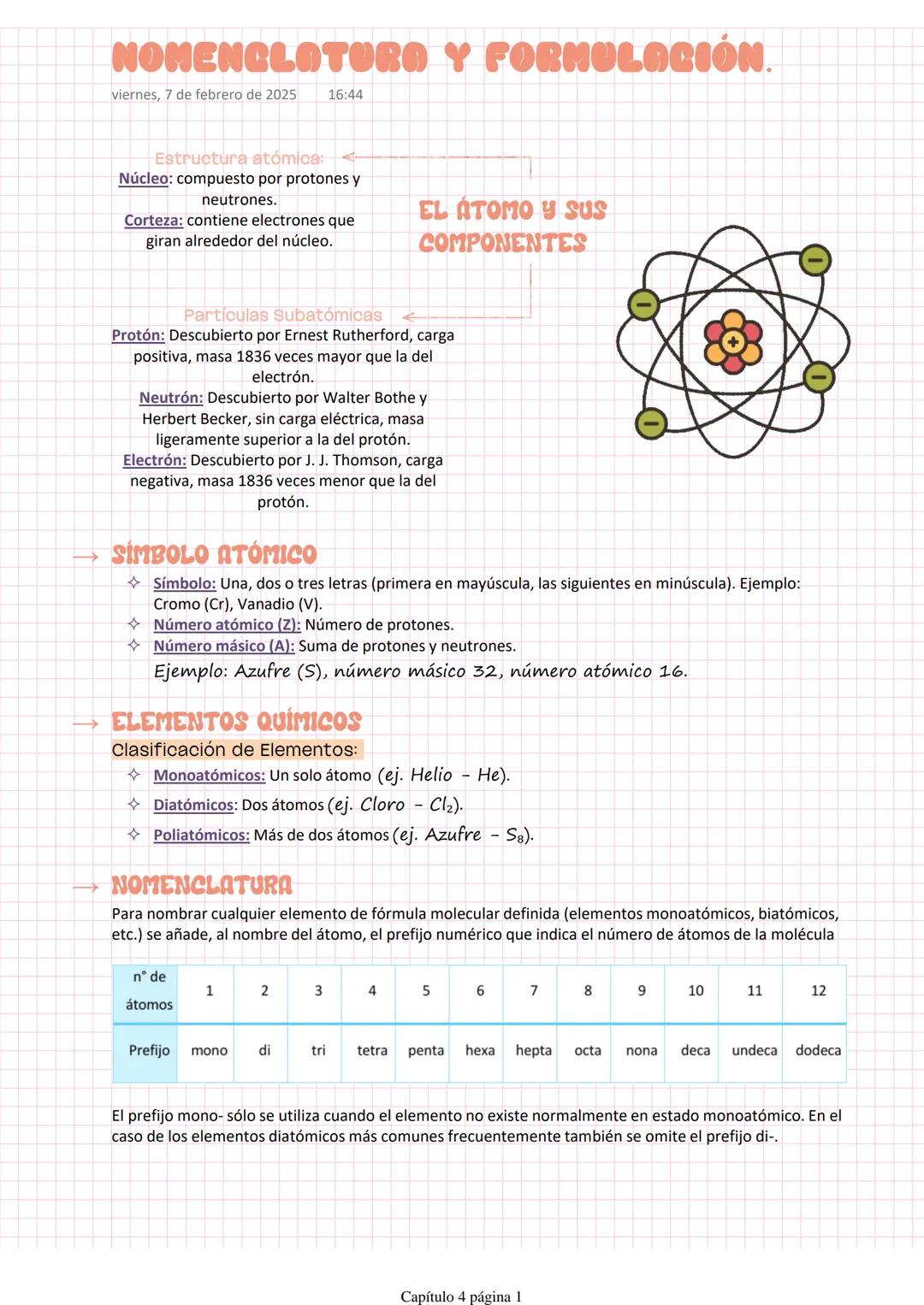 # NOMENCLATURO Y FORMULACIÓN.
viernes, 7 de febrero de 2025 16:44
Estructura atómica:
Núcleo: compuesto por protones y
neutrones.
Corteza:
