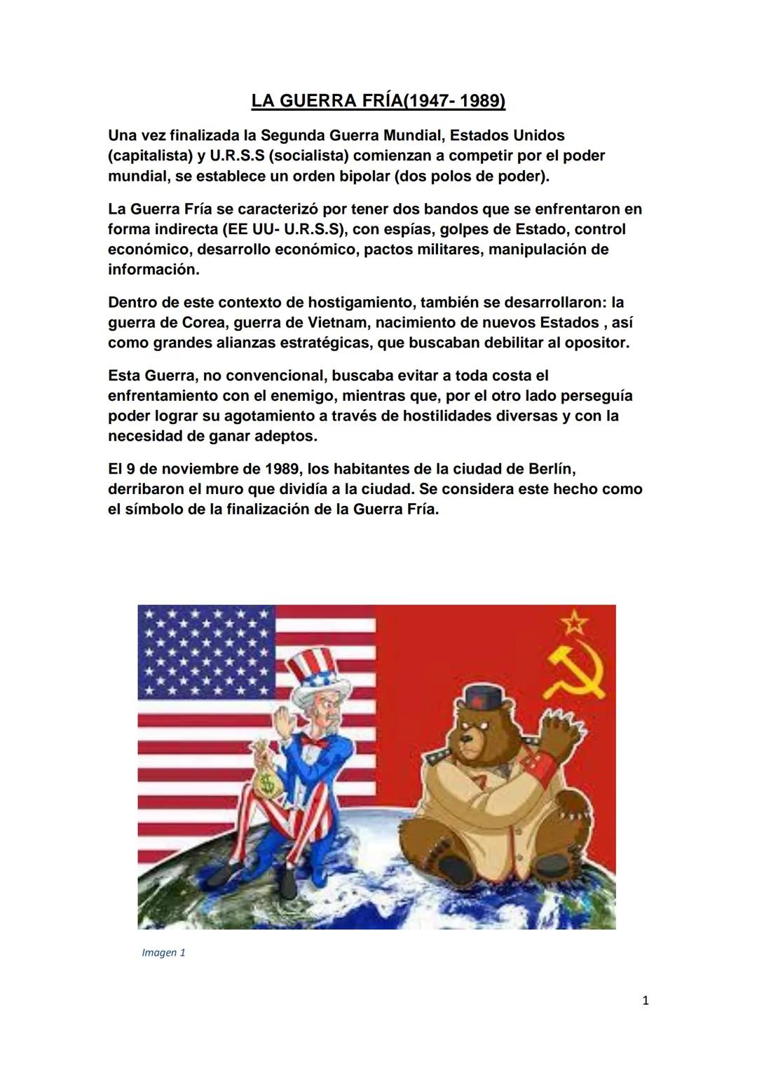# LA GUERRA FRÍA(1947- 1989)
Una vez finalizada la Segunda Guerra Mundial, Estados Unidos (capitalista) y la U.R.S.S (socialista) comienzan