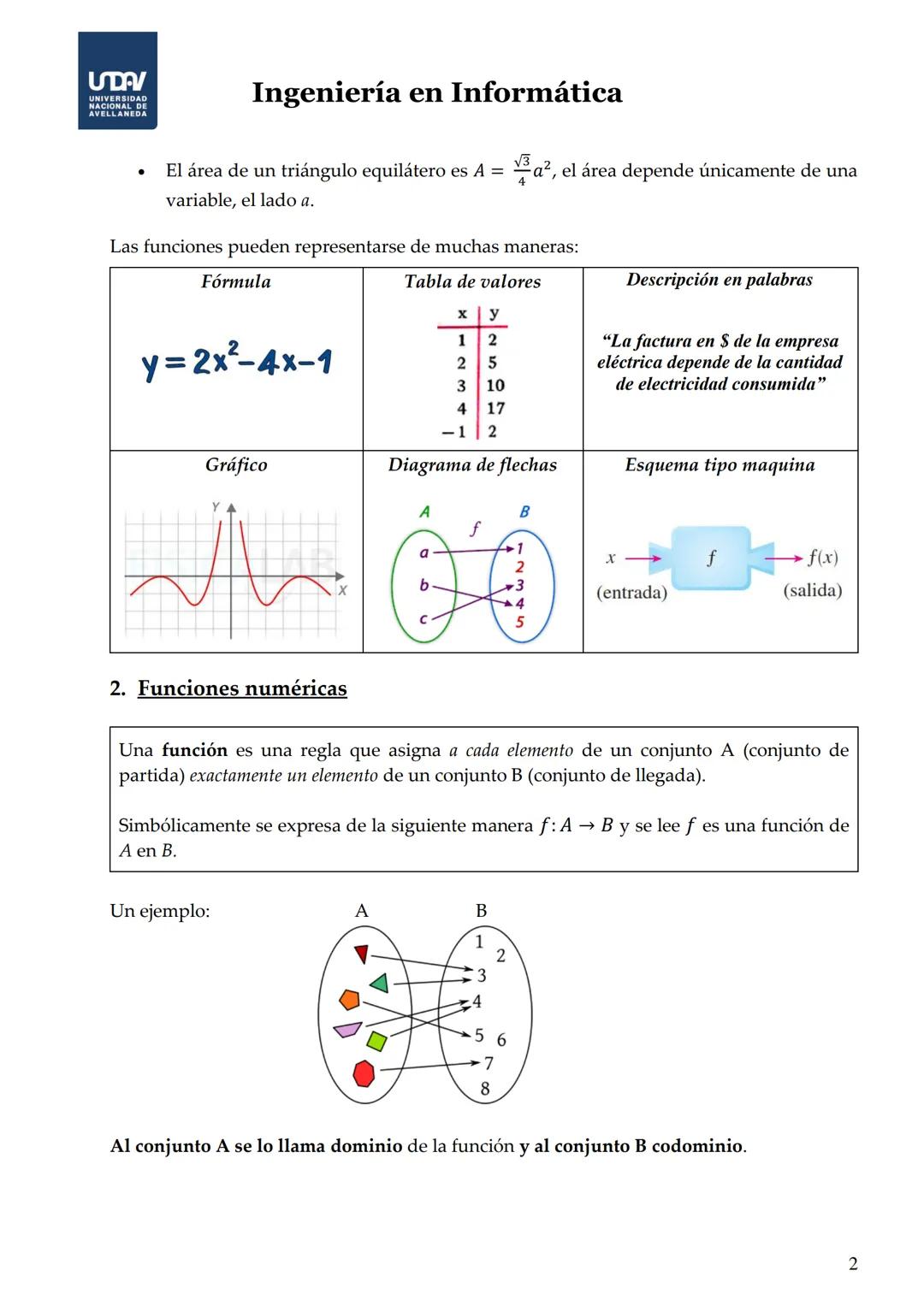 # Ingeniería en Informática
* El área de un triángulo equilátero es $A = \frac{\sqrt{3}}{4}a^2$, el área depende únicamente de una variable
