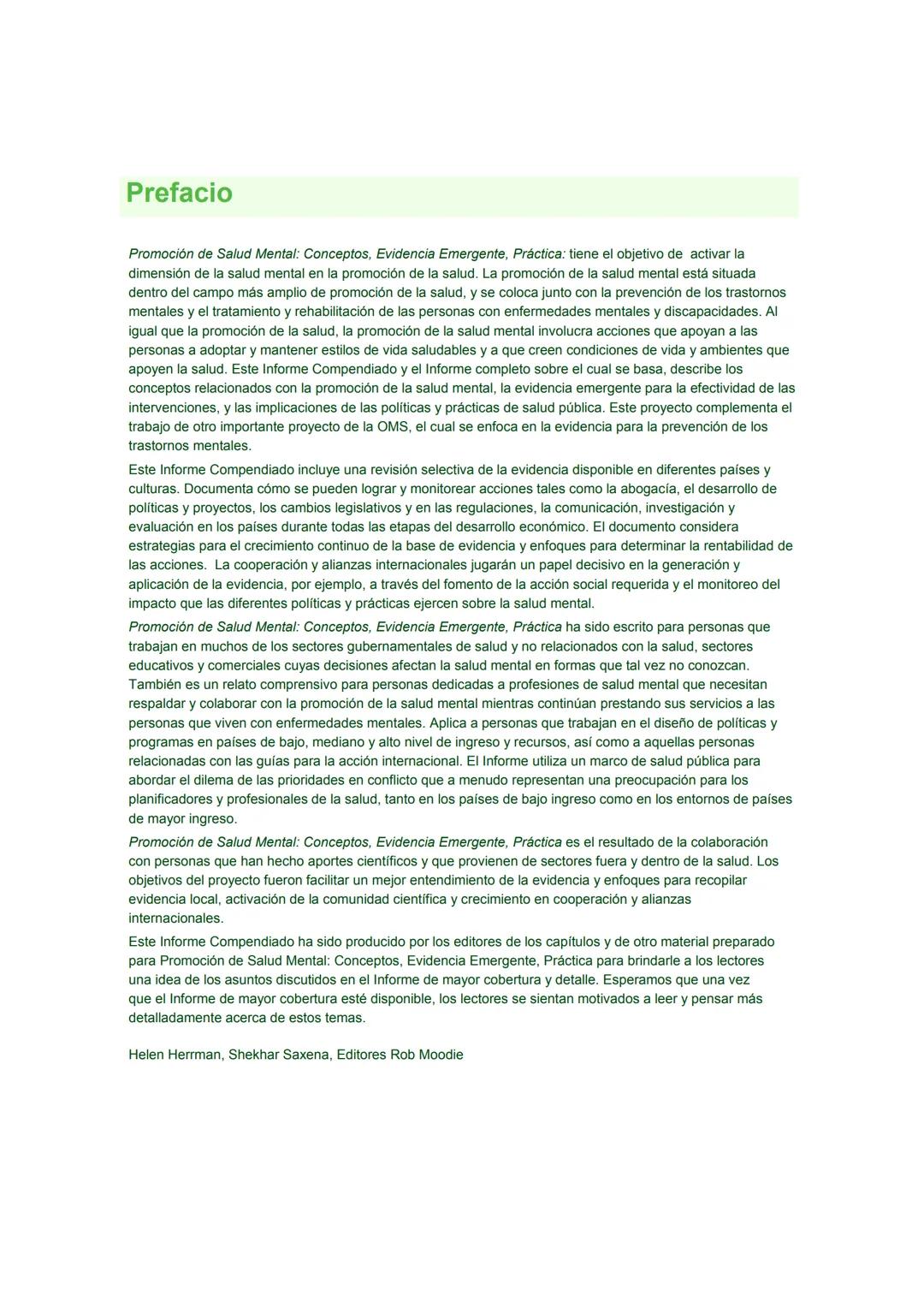 # Promoción de la Salud Mental
CONCEPTOS * EVIDENCIA EMERGENTE * PRÁCTICA
# INFORME COMPENDIADO
Un Informe de la
Organización Mundial de l