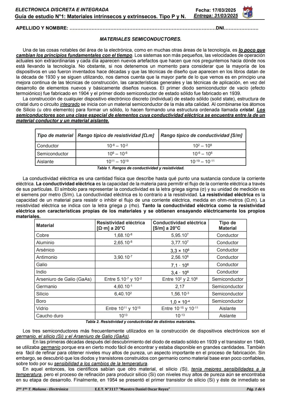 # ELECTRONICA DISCRETA E INTEGRADA
Guía de estudio N°1: Materiales intrínsecos y extrínsecos. Tipo P y N.
APELLIDO Y NOMBRE: ..............