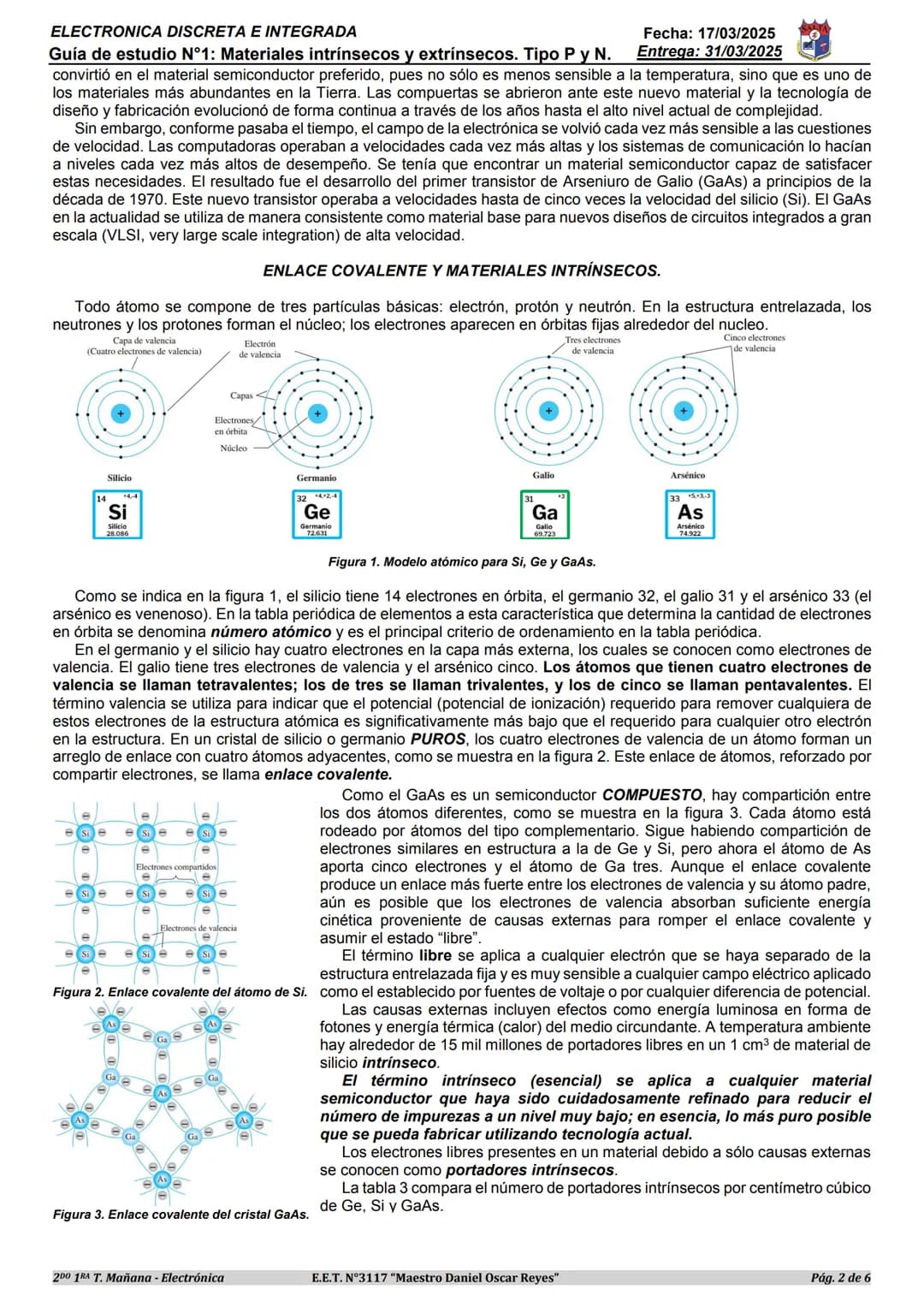 # ELECTRONICA DISCRETA E INTEGRADA
Guía de estudio N°1: Materiales intrínsecos y extrínsecos. Tipo P y N.
APELLIDO Y NOMBRE: ..............